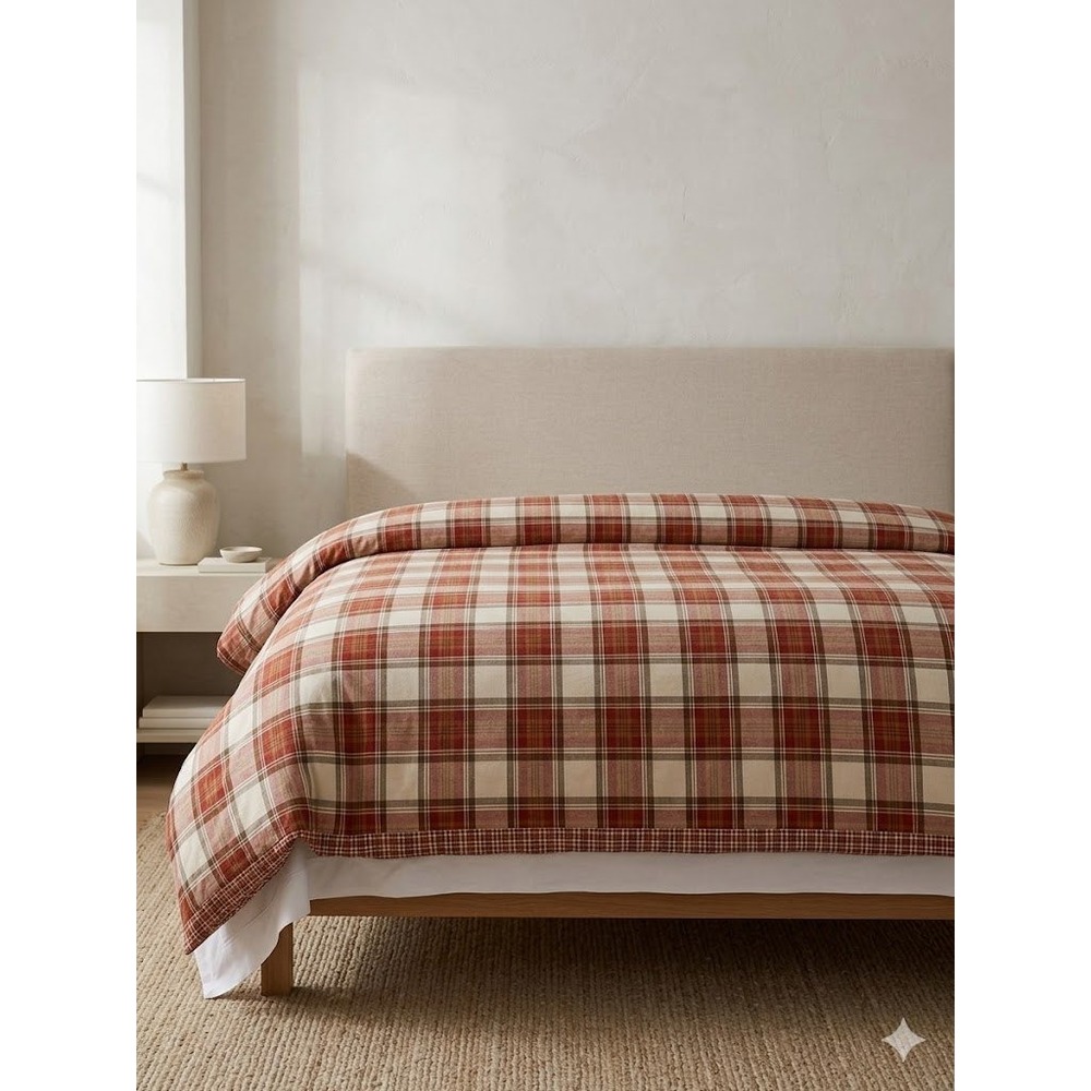Eddie Bauer Home King Duvet Cover Reversible Red Tan Plaid Check Cotton Lodge‎